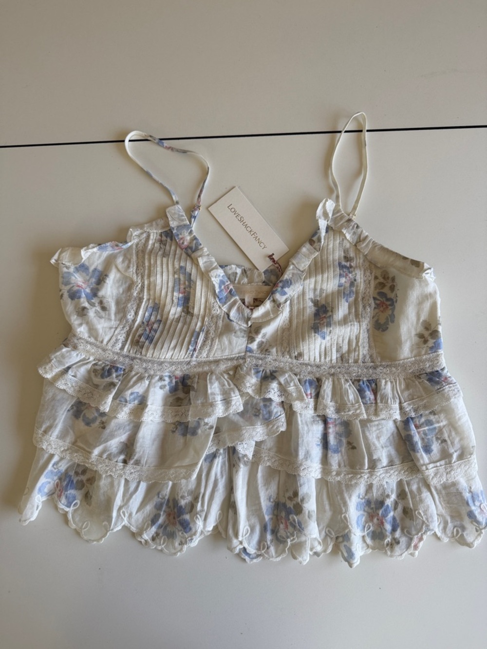 NWT LoveShackFancy White Floral Ruffle Crop Top with Blue & Pink Accents 12